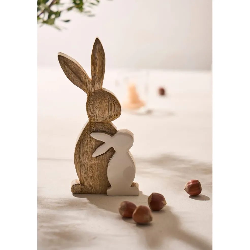 Déco duo lapin en manguier naturel et blanc - Floreal