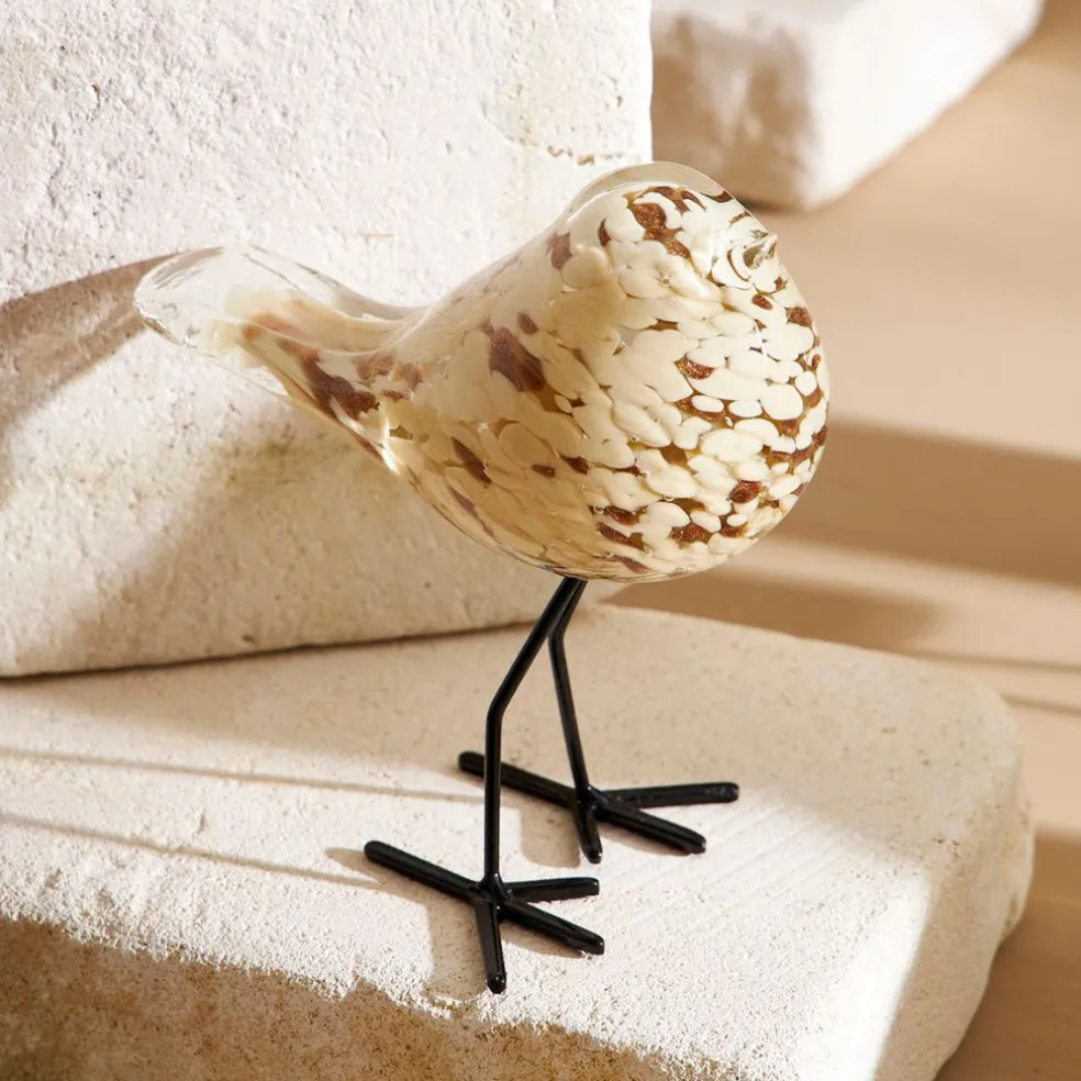 Déco moineau en verre et fer beige et doré - Serin