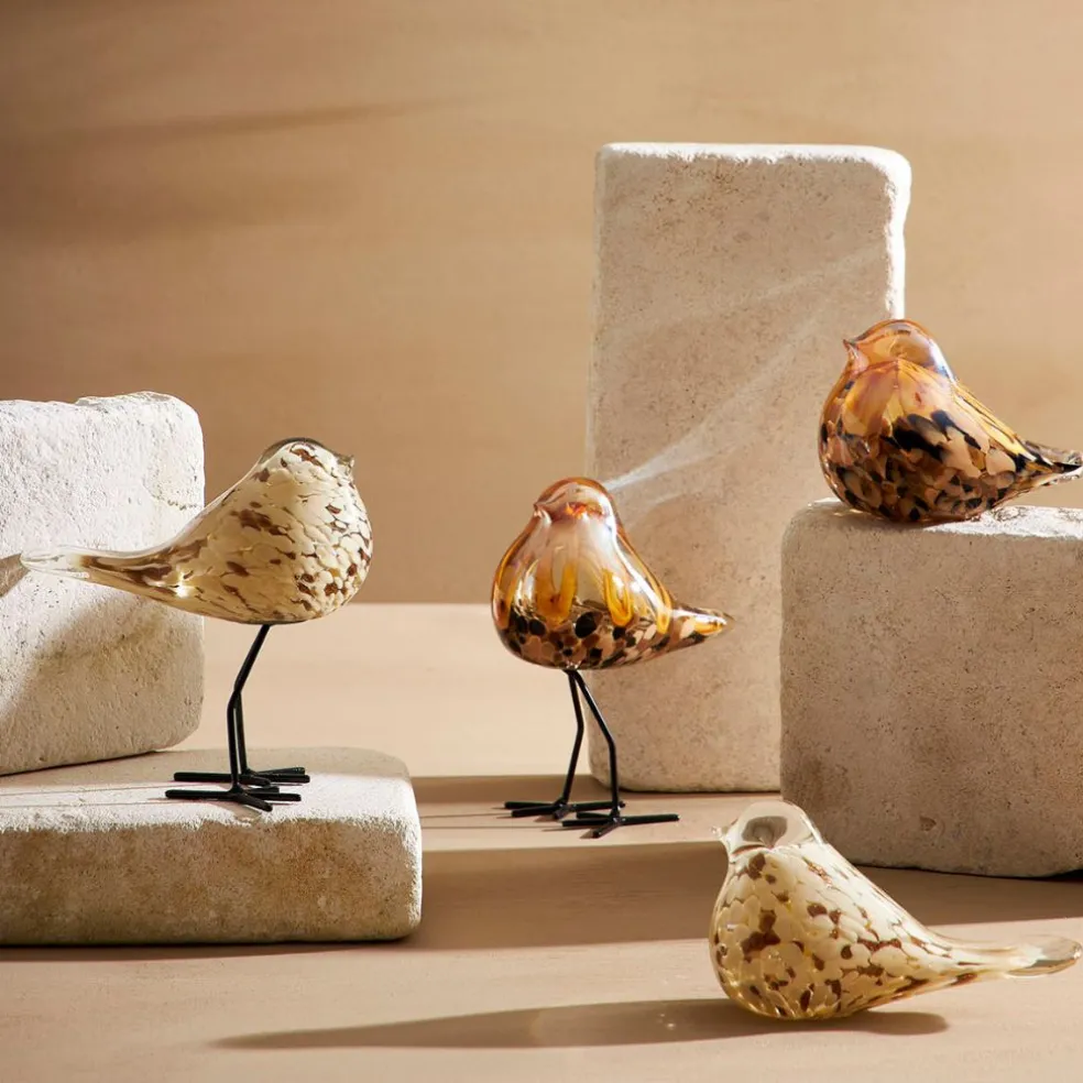 Déco moineau en verre et fer beige et doré - Serin