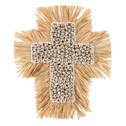 Deco murale croix en raphia et coquillage naturel et blanc - Cauri