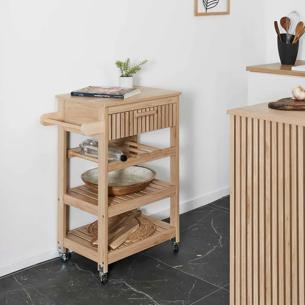 Desserte en bois naturel 3 niveaux et 1 tiroir - Kara