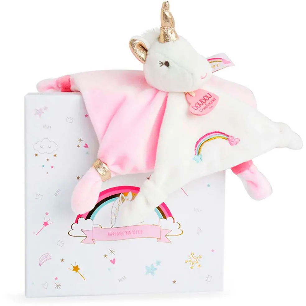 Doudou plat Licorne blanc et rose
