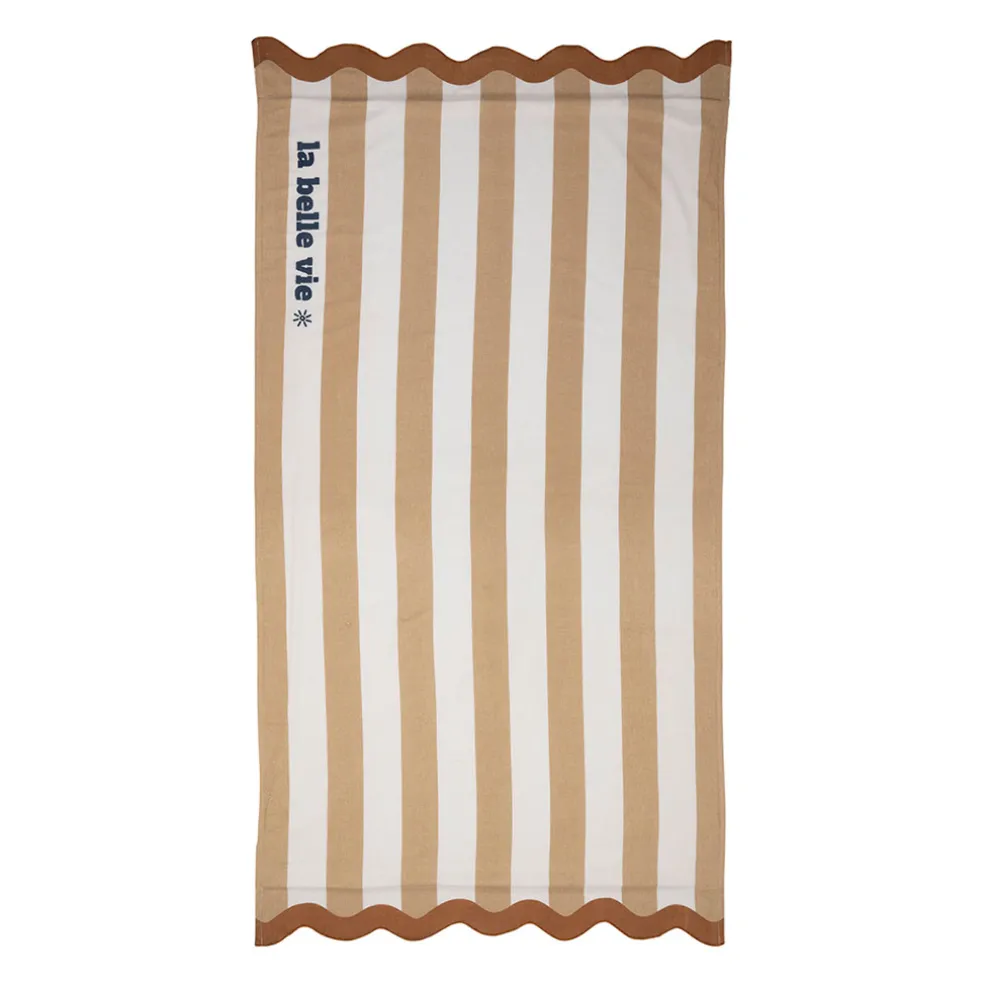 Drap de plage en coton rayé camel et blanc 170x85cm - Medi