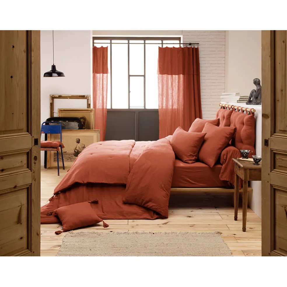 Drap housse en gaze de coton unie terracotta 140x190cm - Gaia