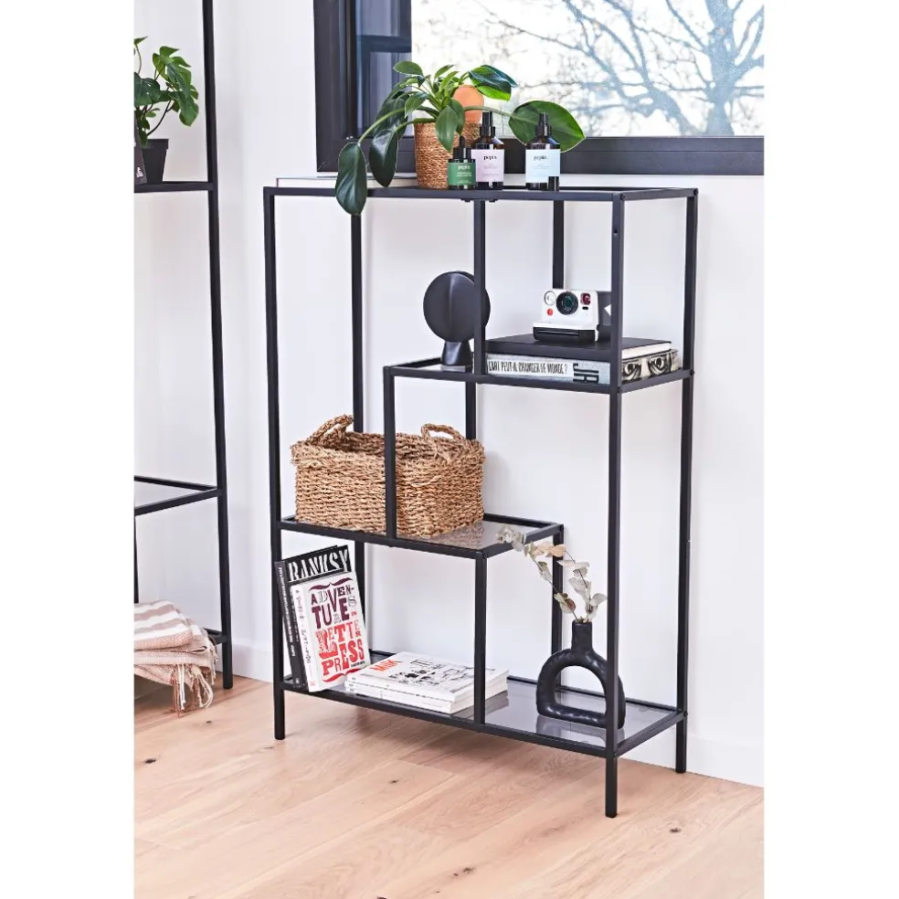 Etagère en fer noir et verre fumé h113cm - Edgard