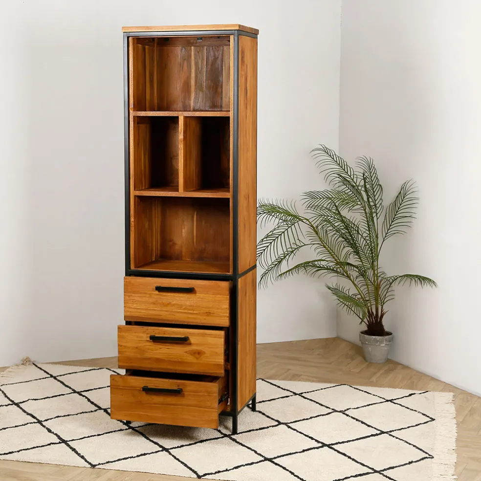 Etagère en teck massif recycle avec 3 tiroirs H190cm - Alix