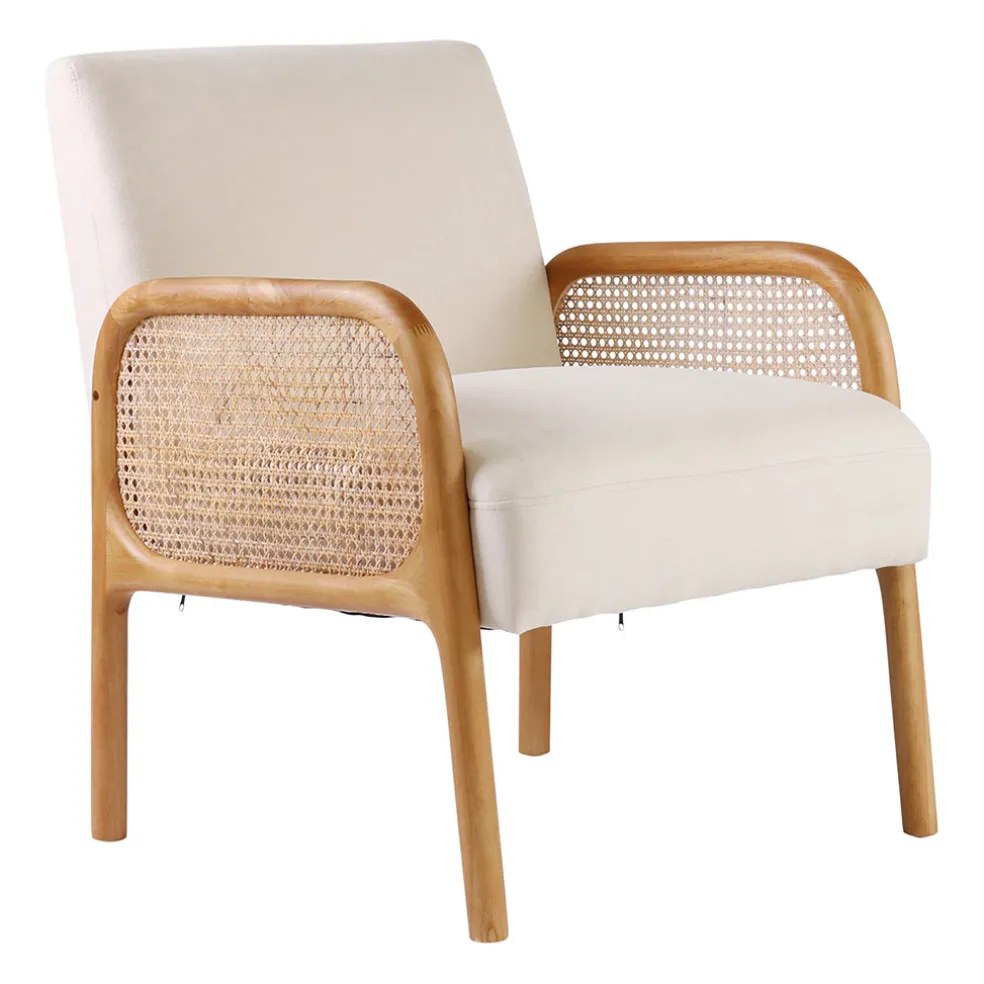 Fauteuil blanc cassé en bois d'hévéa et rotin - Firmin
