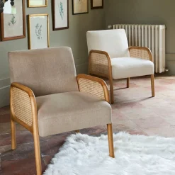 Fauteuil blanc cassé en bois d'hévéa et rotin - Firmin