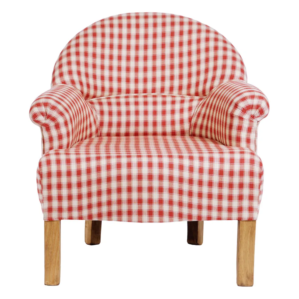 Fauteuil crapaud en coton vichy rouge et pin - Margot