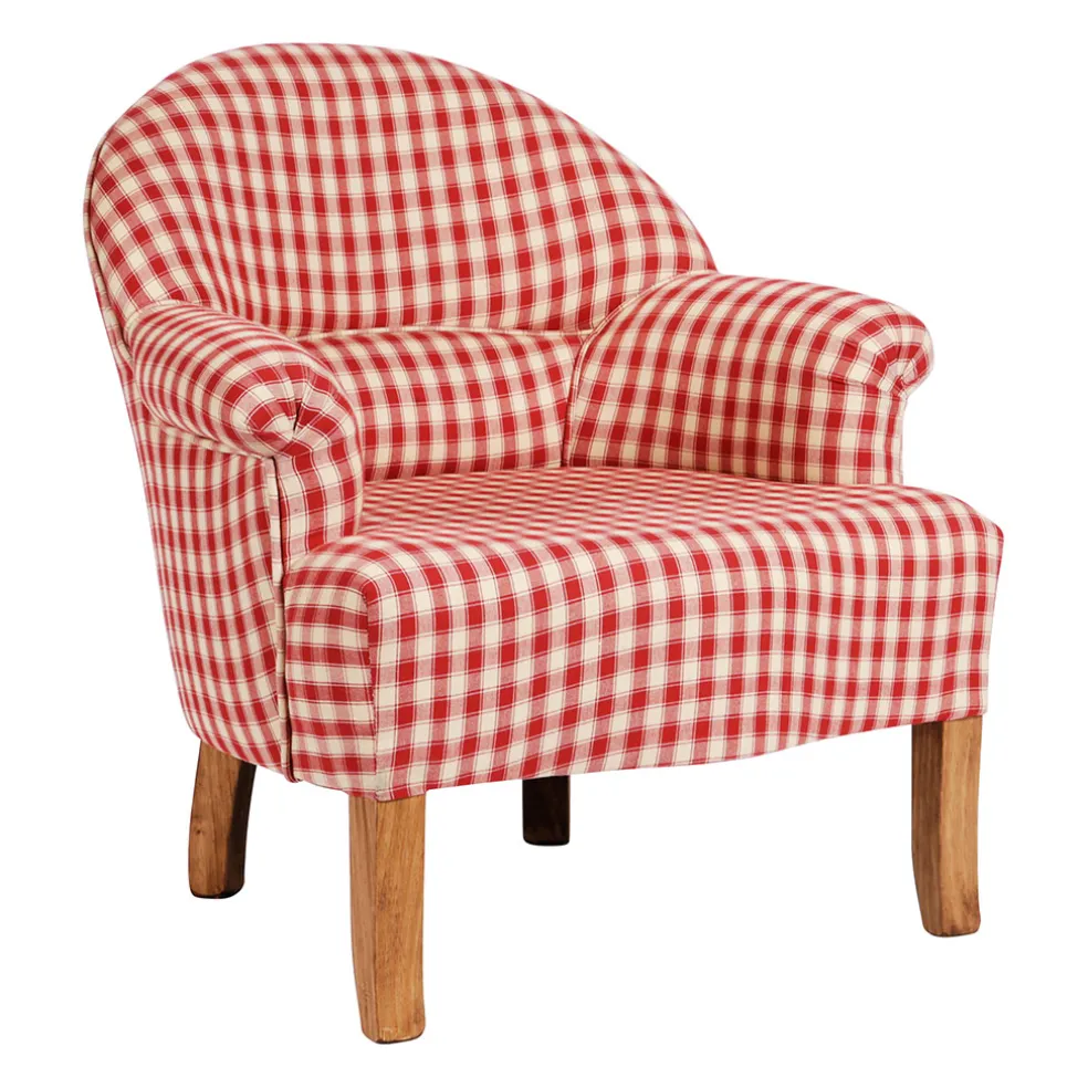 Fauteuil crapaud en coton vichy rouge et pin - Margot