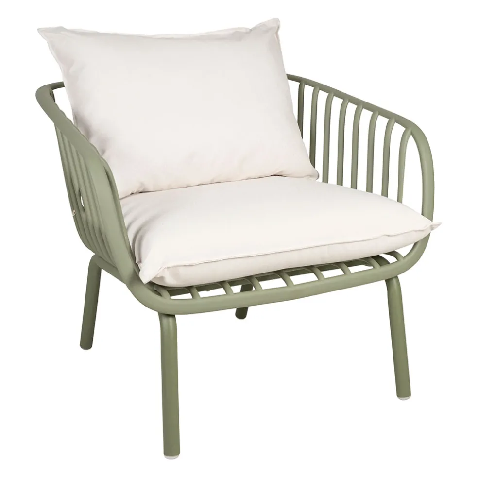 Fauteuil d'extérieur kaki avec 2 coussins en tissu blanc - Lumi