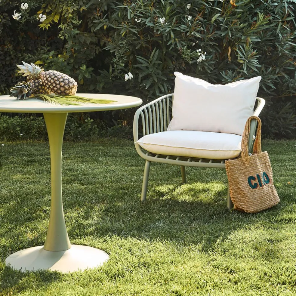 Fauteuil d'extérieur kaki avec 2 coussins en tissu blanc - Lumi