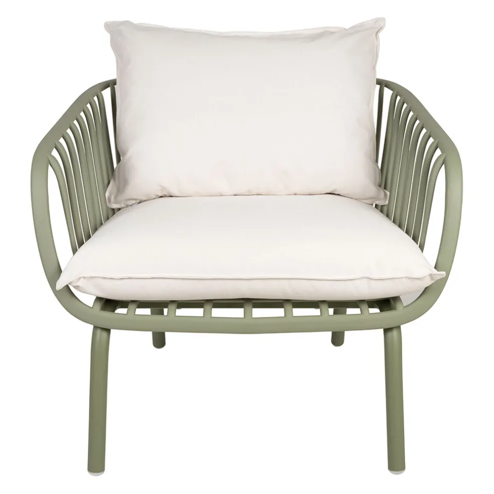 Fauteuil d'extérieur kaki avec 2 coussins en tissu blanc - Lumi