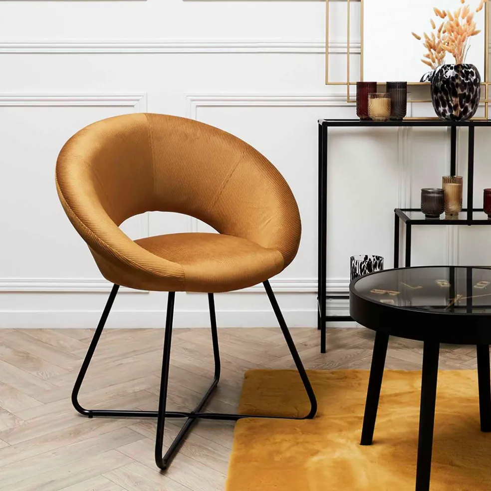 Fauteuil rond en velours côtelé ocre - Julia