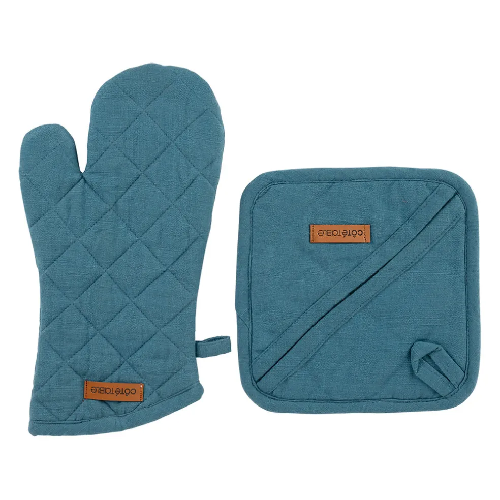 Gant et manique en coton bleu de Prusse - Cellier