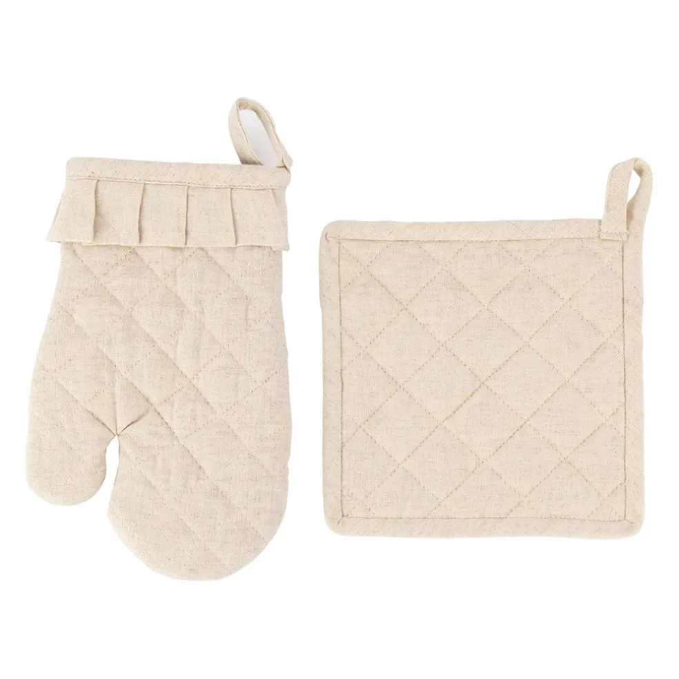 Gant et manique naturel en coton et lin - chambray