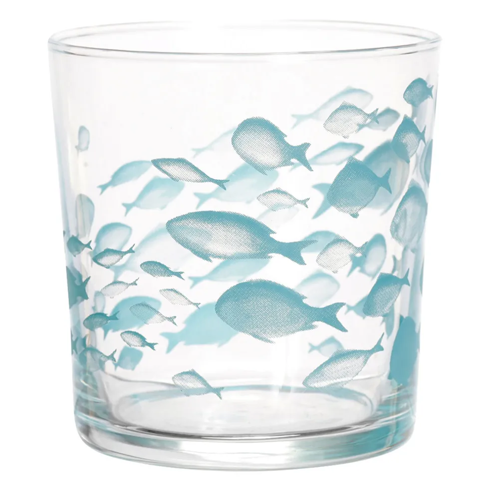 Gobelet banc de poissons turquoise en verre