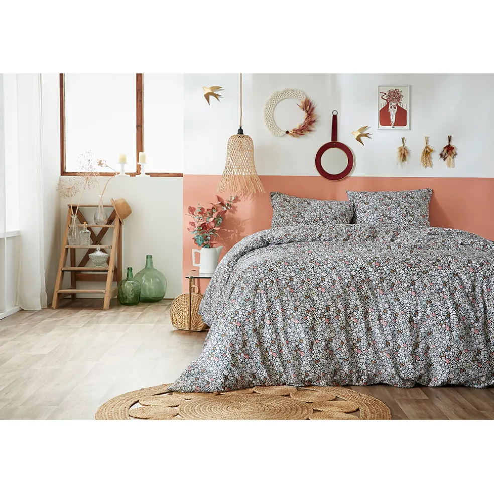 Housse de couette 240x220 cm et 2 taies d'oreiller 60x60cm en coton imprimé fleurs - Malia