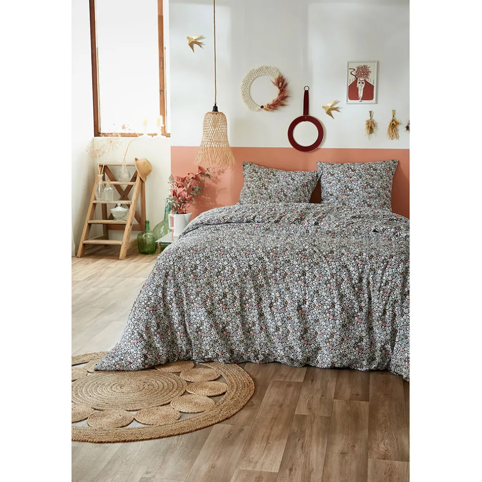 Housse de couette 240x220 cm et 2 taies d'oreiller 60x60cm en coton imprimé fleurs - Malia