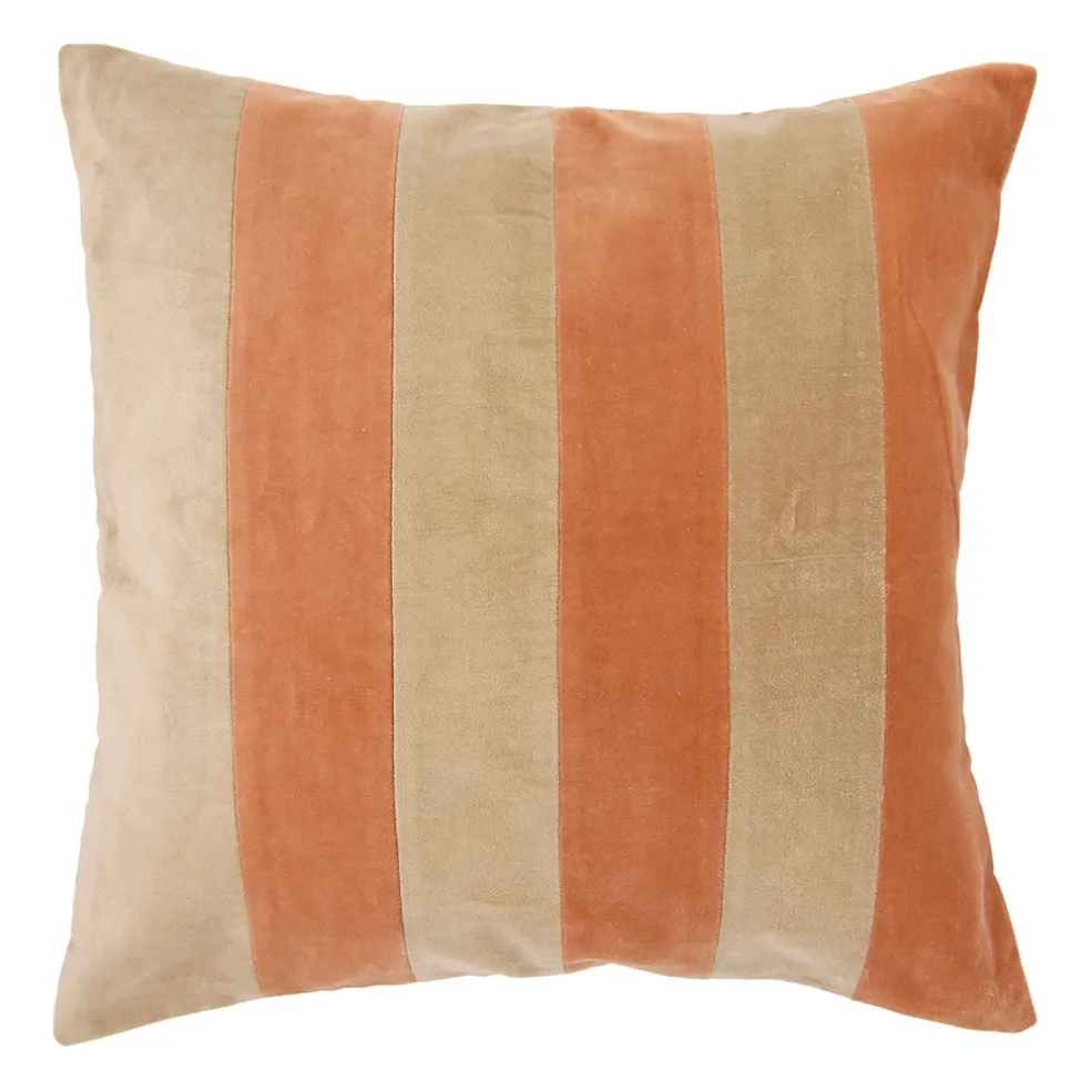 Housse de coussin en velours coton rayé écru et terracotta 45x45cm - Klosen