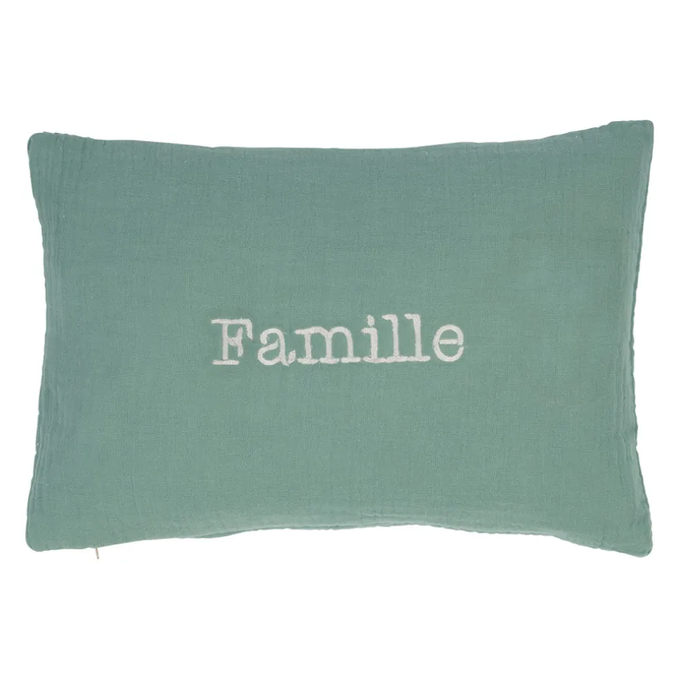 Housse de coussin famille en gaze de coton sauge 50x35cm