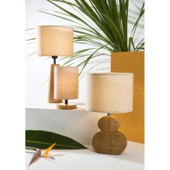 Lampe en hévéa et lin naturel et beige h23.5cm - Filen