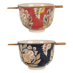 Lot de 2 bols et baguettes en grès et bambou multicolore d13xh9.5cm - Orchila