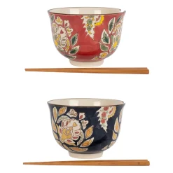 Lot de 2 bols et baguettes en grès et bambou multicolore d13xh9.5cm - Orchila