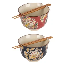 Lot de 2 bols et baguettes en grès et bambou multicolore d13xh9.5cm - Orchila