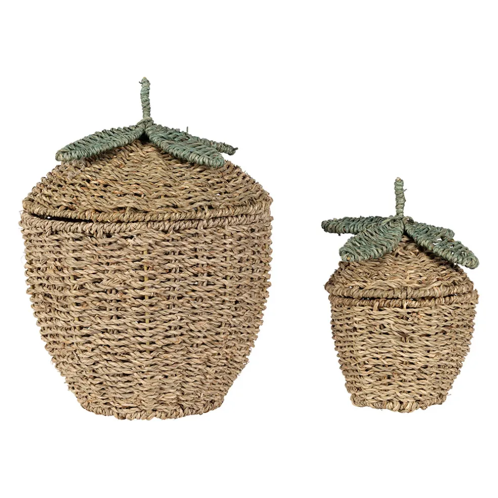 Lot de 2 corbeilles fraise en jonc de mer naturel et vert - Les Fruits