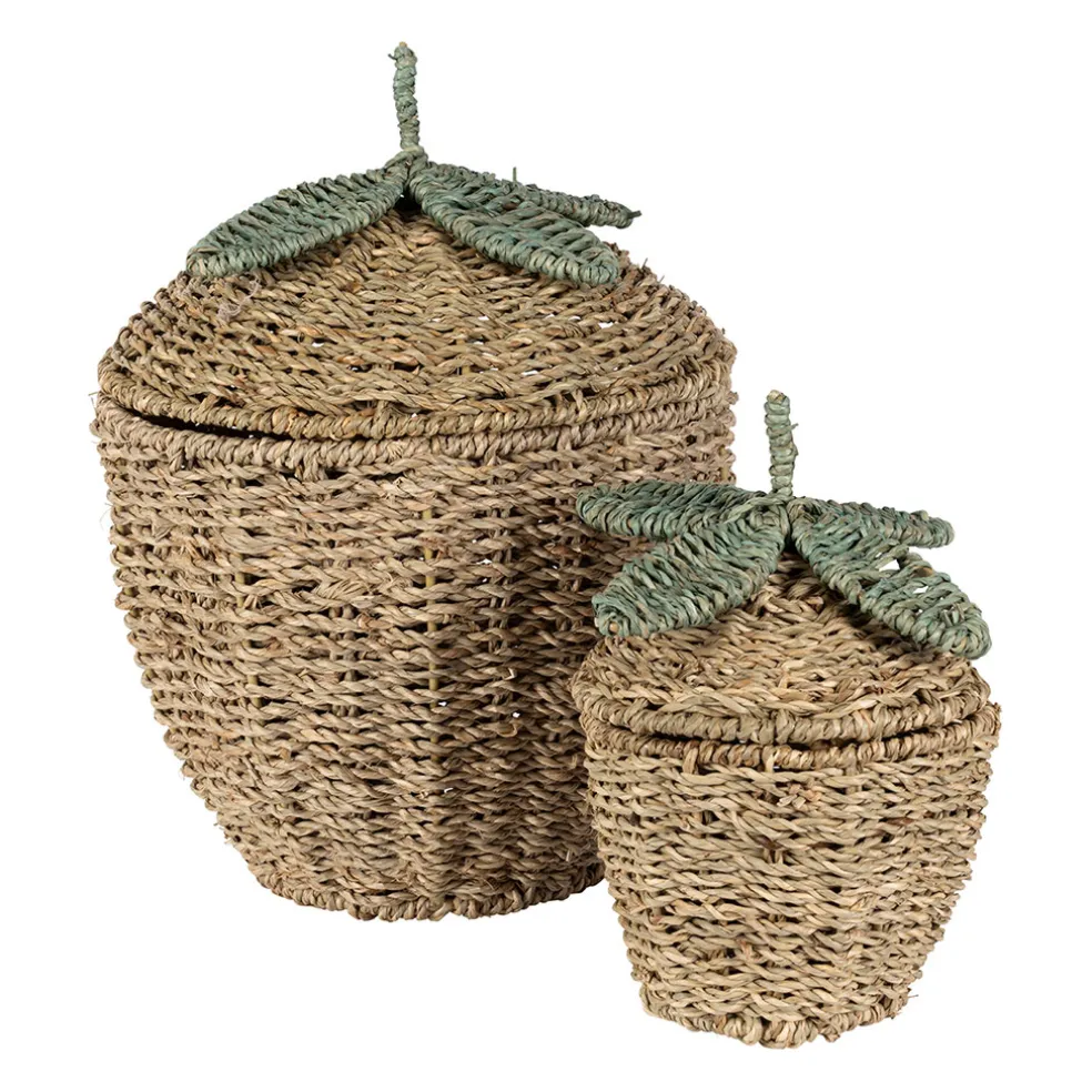 Lot de 2 corbeilles fraise en jonc de mer naturel et vert - Les Fruits
