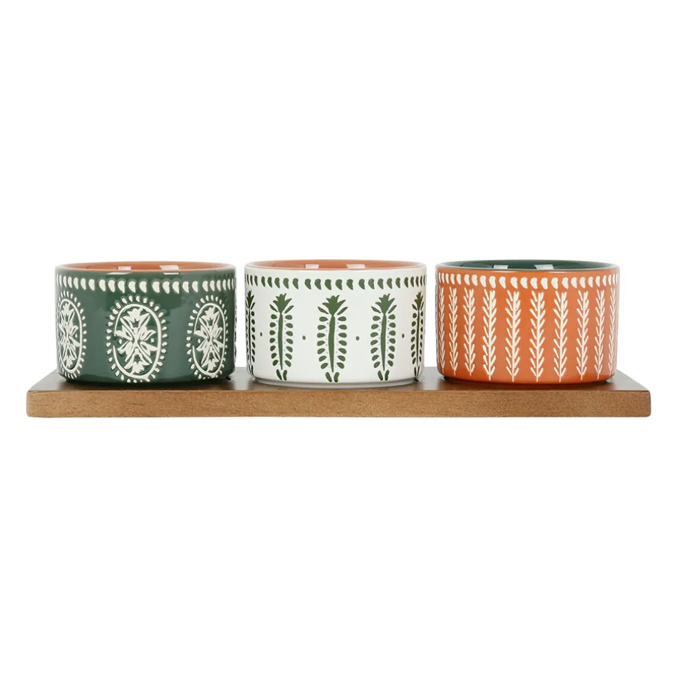 Lot de 3 coupelles en grès et plateau terracotta, vert et blanc - romance vegetal