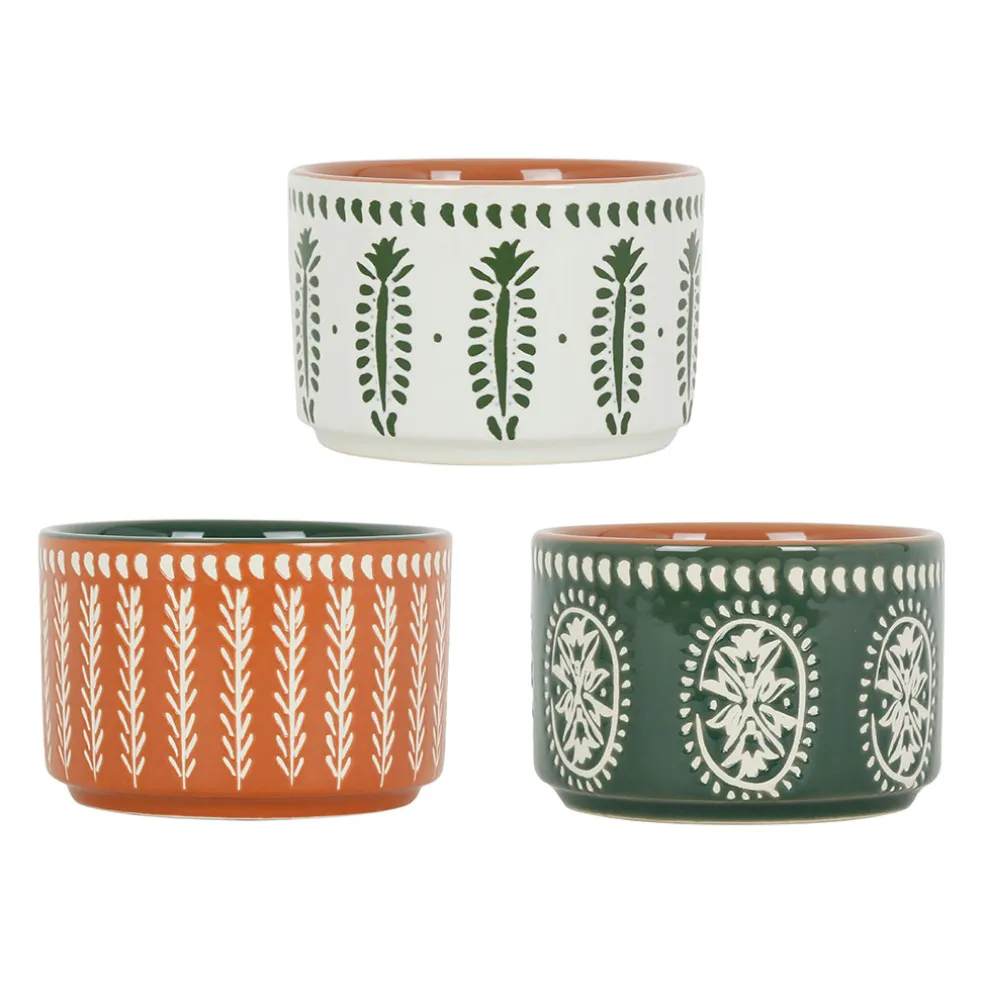 Lot de 3 coupelles en grès et plateau terracotta, vert et blanc - romance vegetal