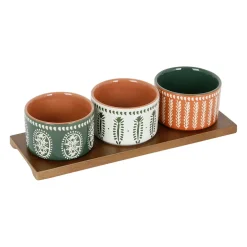 Lot de 3 coupelles en grès et plateau terracotta, vert et blanc - romance vegetal