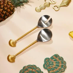 Lot de 2 couverts de salade en inox et laiton doré - Coquillage