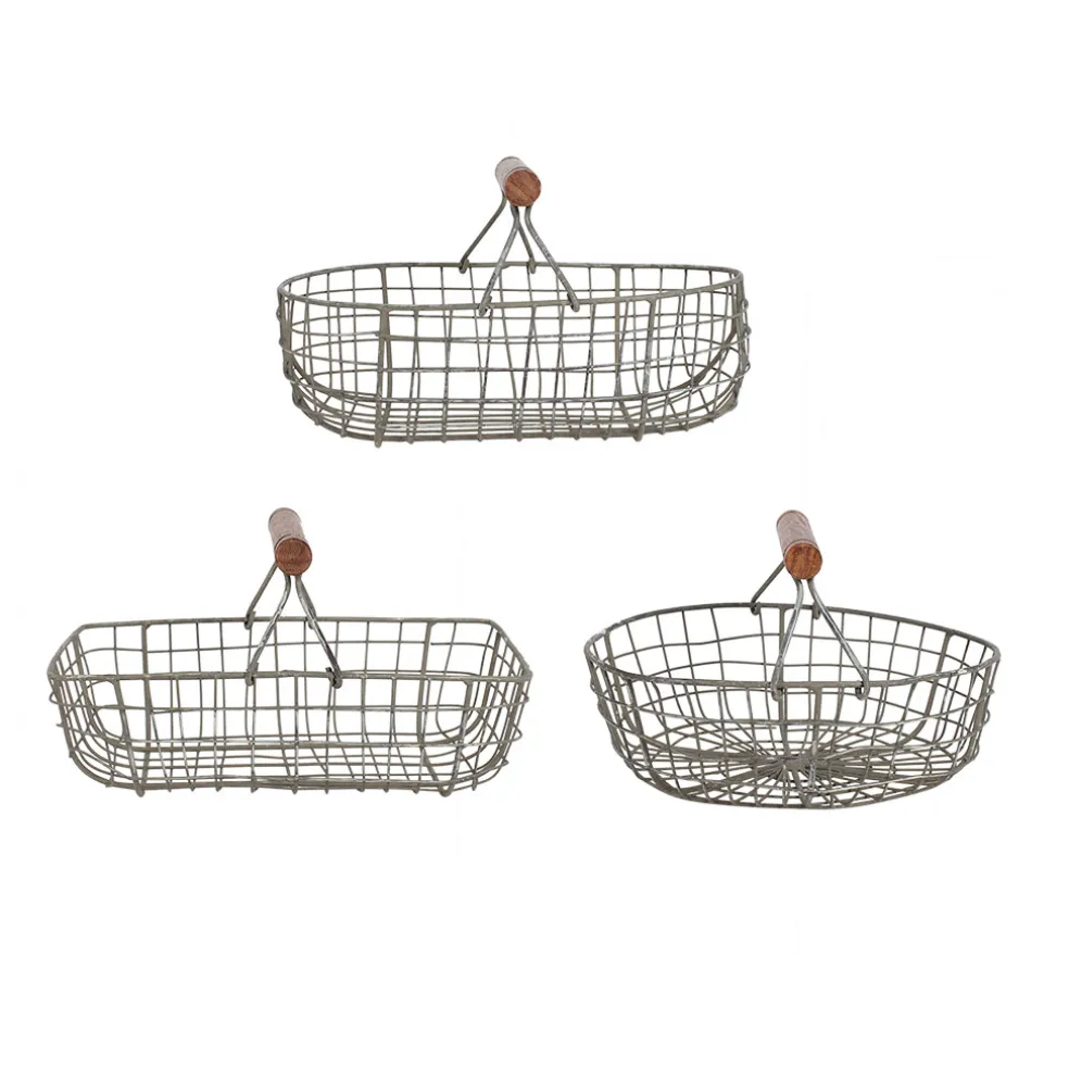Lot de 3 paniers en fer avec anse en bois naturel