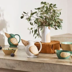 Lot de 2 pichets oiseau en grès blanc et sauge 1L - Calao