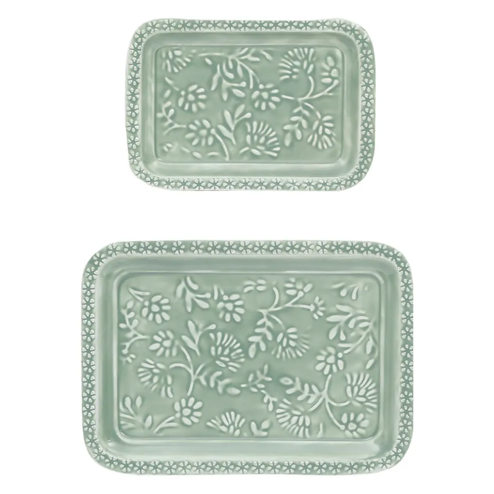 Lot de 2 plateaux en fer émaillé sauge - Baroque