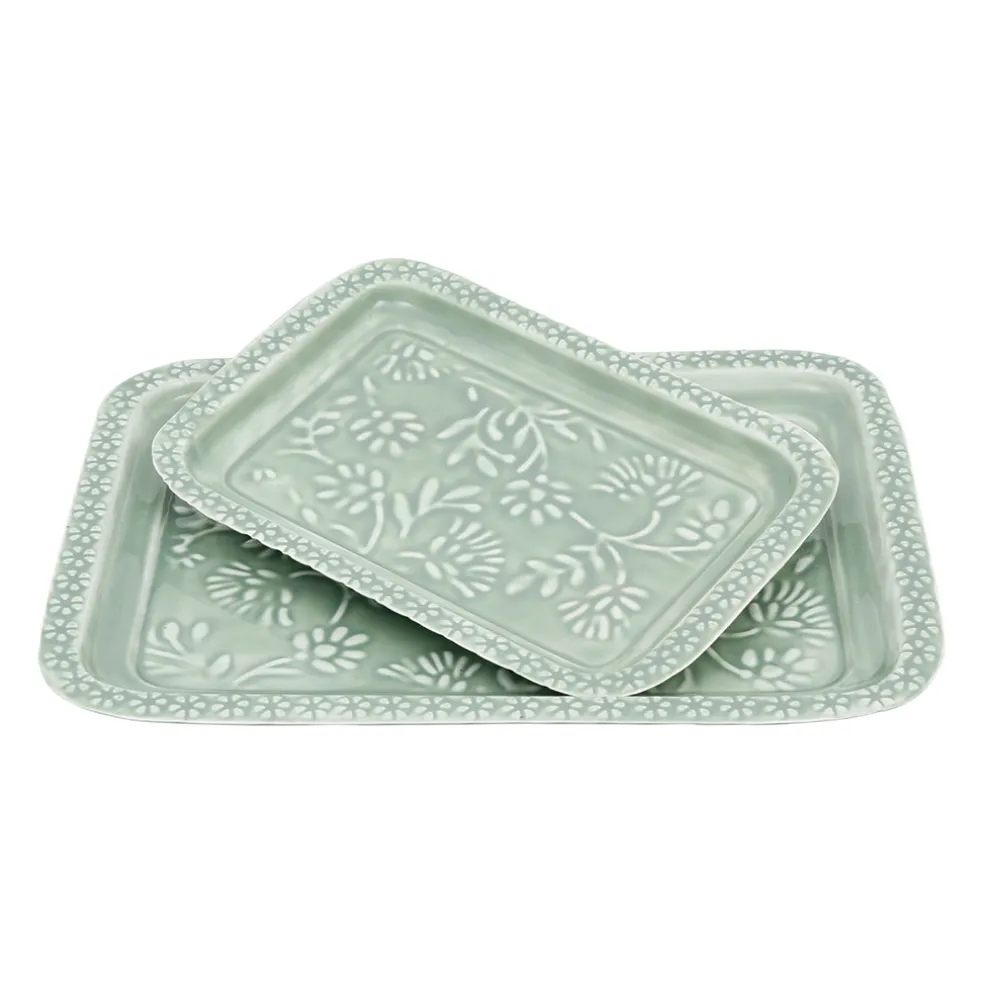 Lot de 2 plateaux en fer émaillé sauge - Baroque