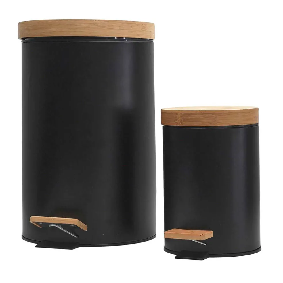 Lot de 2 poubelles à pédale en métal noir et bambou 3L et 12L