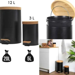 Lot de 2 poubelles à pédale en métal noir et bambou 3L et 12L