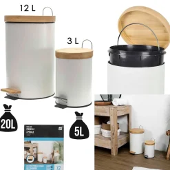 Lot de 2 poubelles à pédale en métal blanc et bambou 3L et 12L
