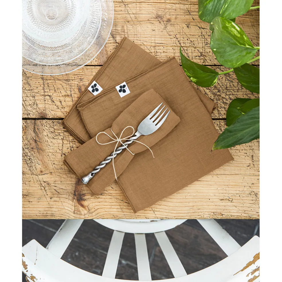 Lot de 3 serviettes de table camel en gaze de coton 40x40cm - Gaia