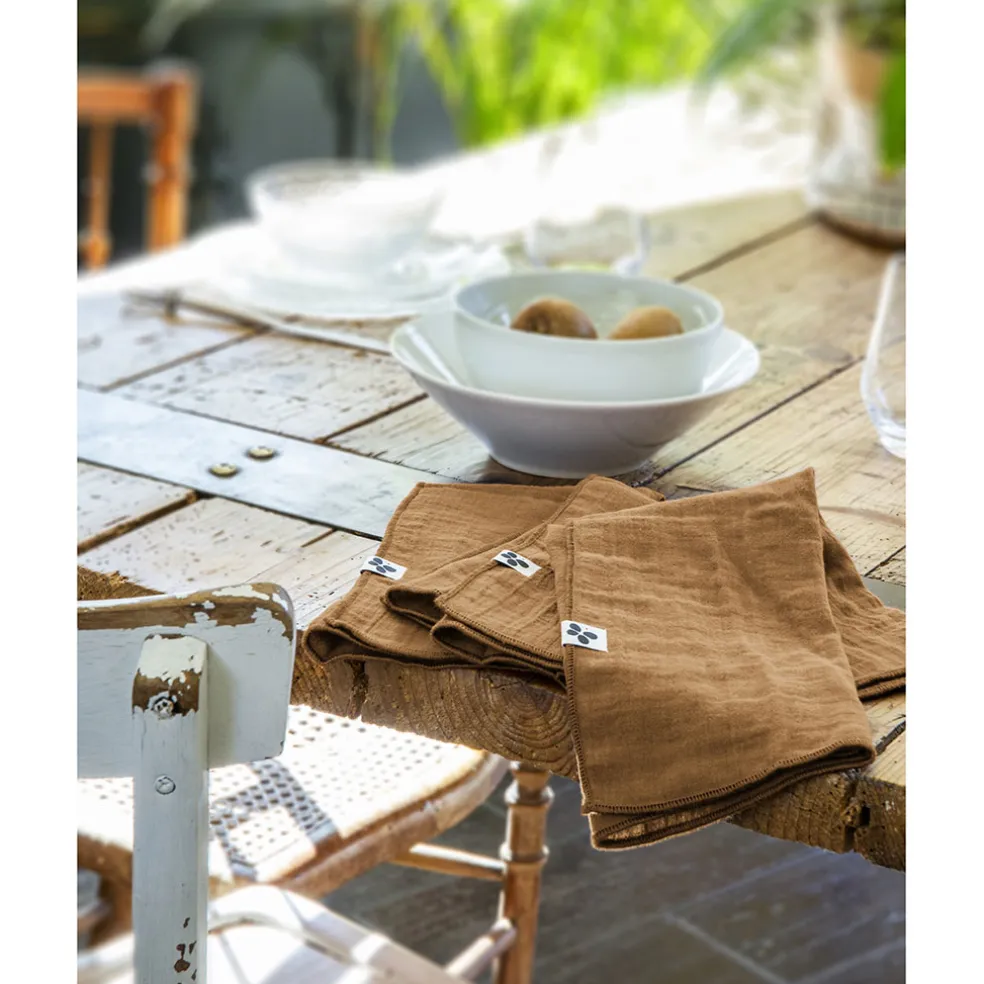Lot de 3 serviettes de table camel en gaze de coton 40x40cm - Gaia