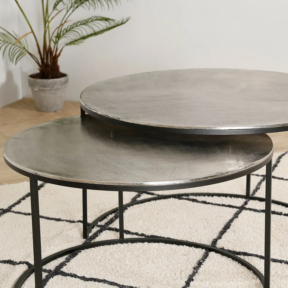Lot de 2 table gigogne en aluminium et fer argenté - Felia