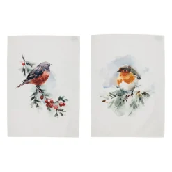 Lot de 2 torchons en coton blanc 50x70cm - Rouge-Gorge
