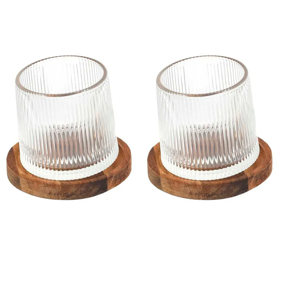 Lot de 2 verres a whisky support acacia d6xh7cm