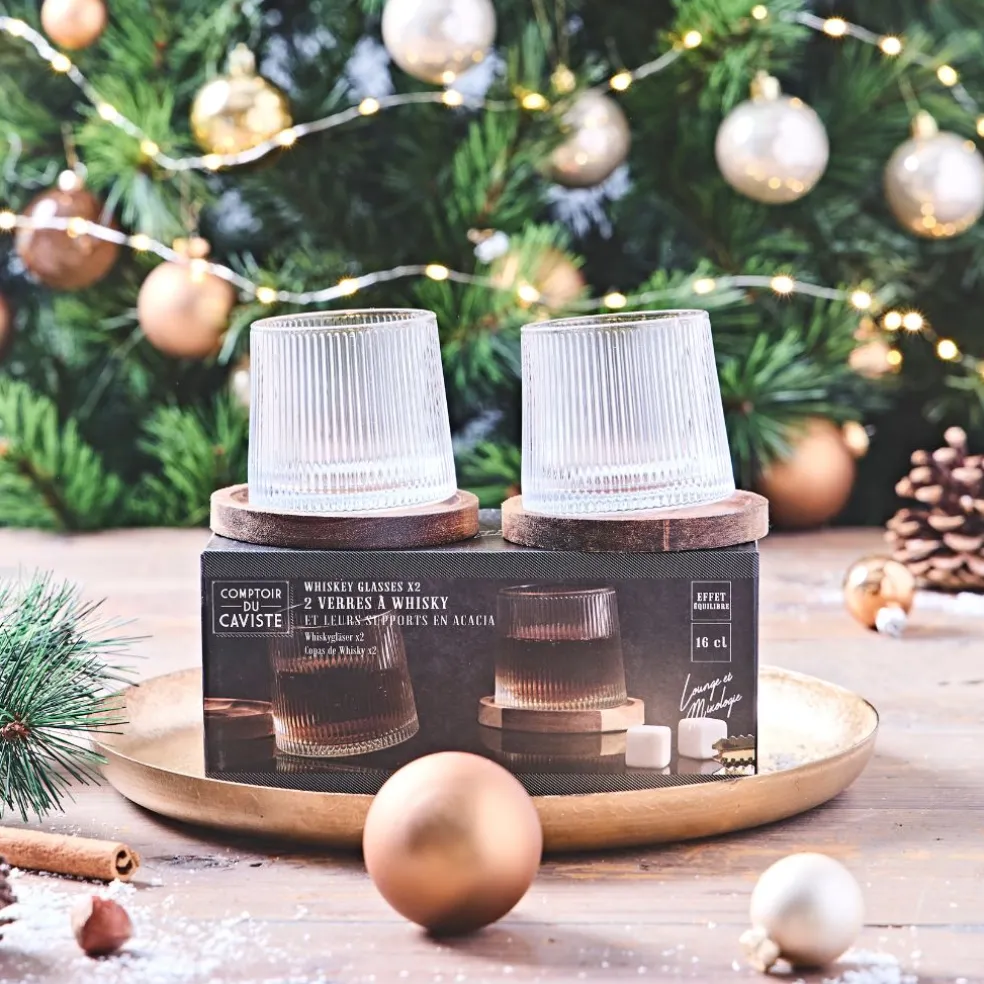 Lot de 2 verres a whisky support acacia d6xh7cm
