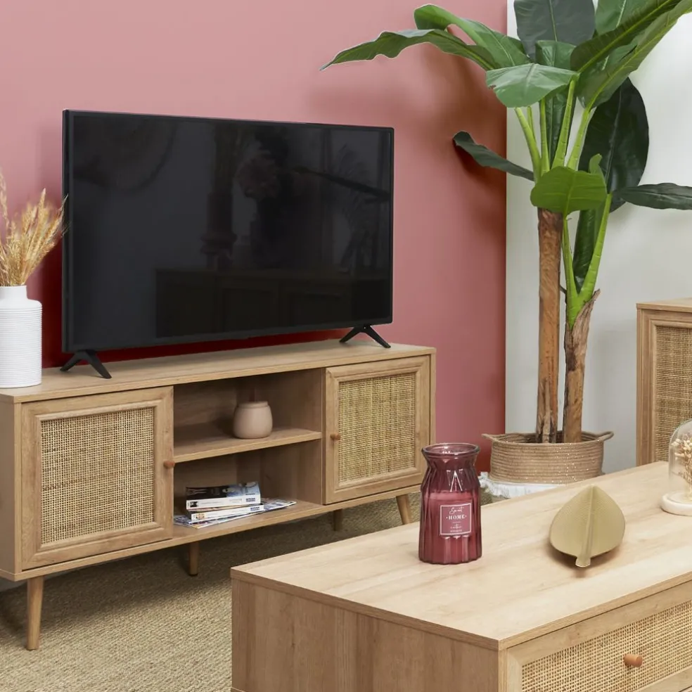 Meuble TV naturel en bois et cannage L115cm - Baia