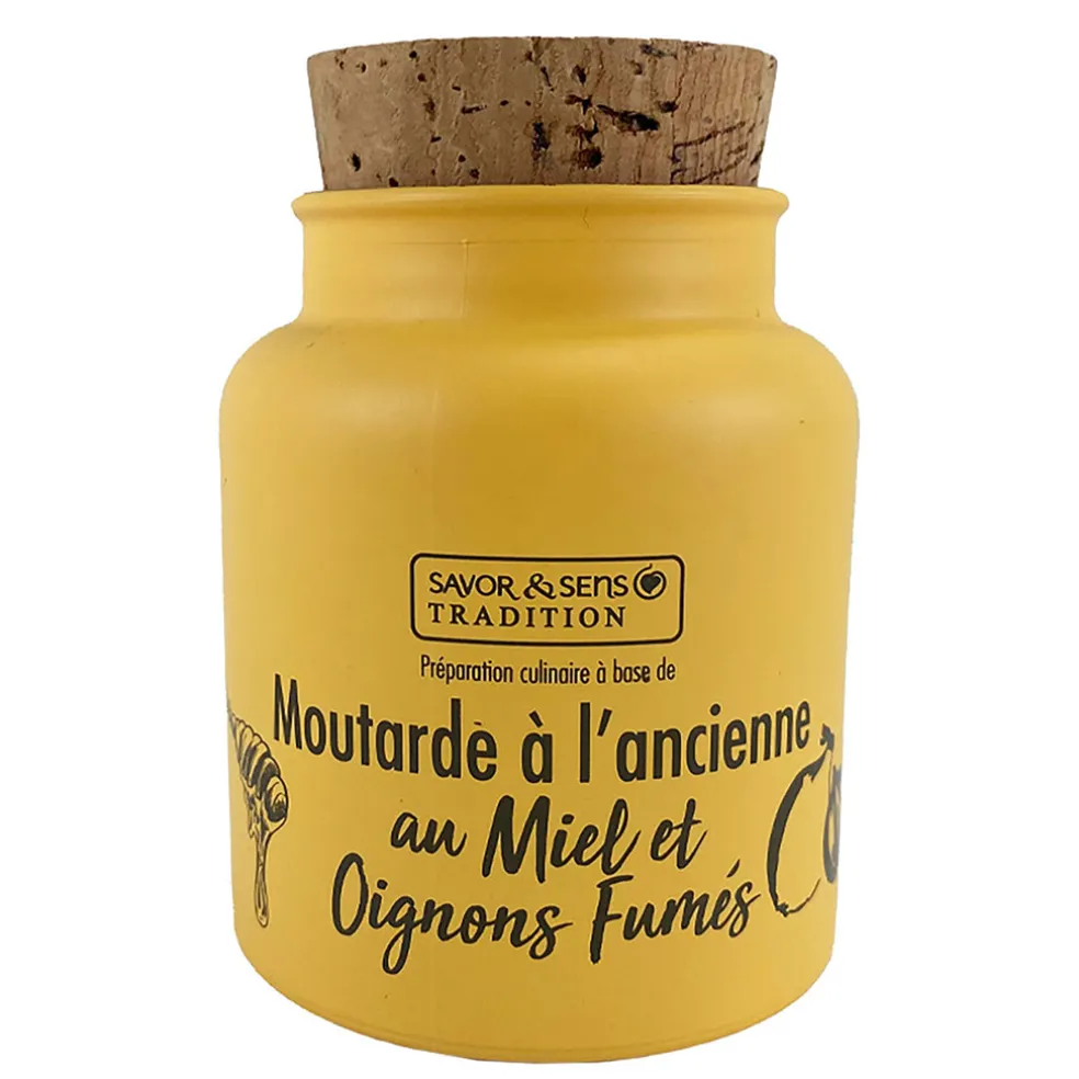 Moutarde à l'ancienne au miel et aux oignons fumés au bois de hêtre